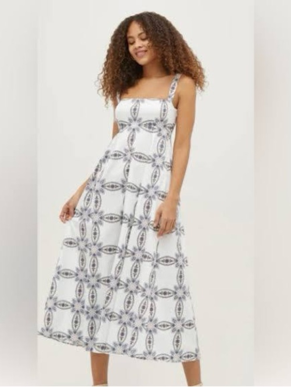 Hill House White Midi Dress with Black Tile Floral Print